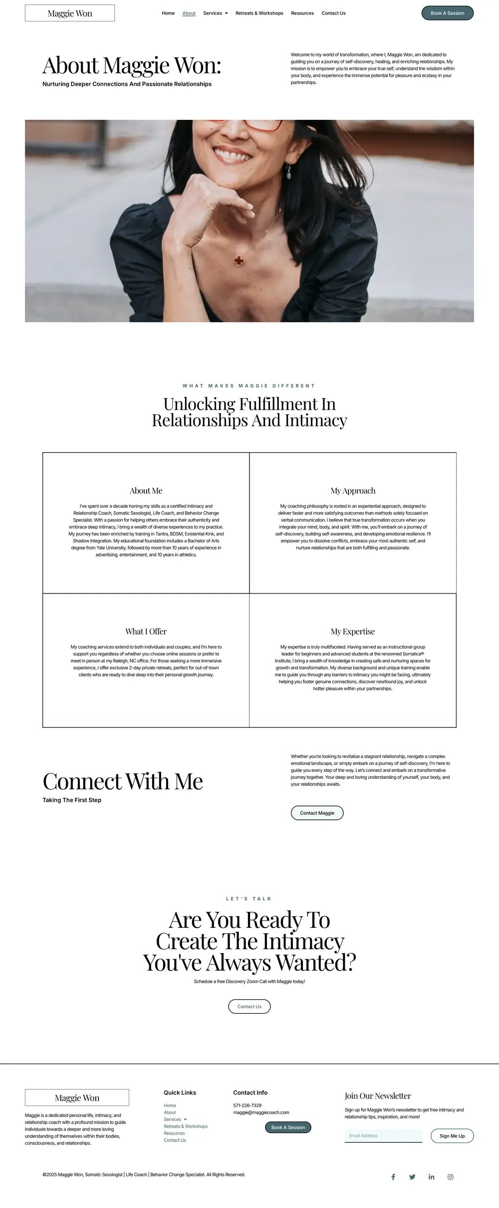 Warm, trust-first design for an intimate coaching practice. page
