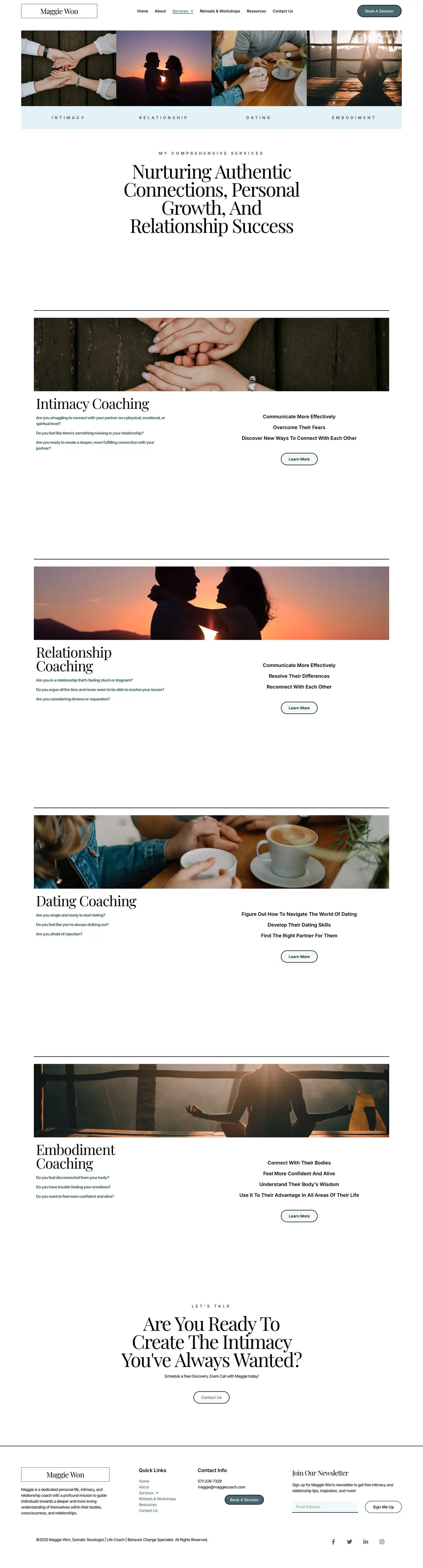 Warm, trust-first design for an intimate coaching practice. page