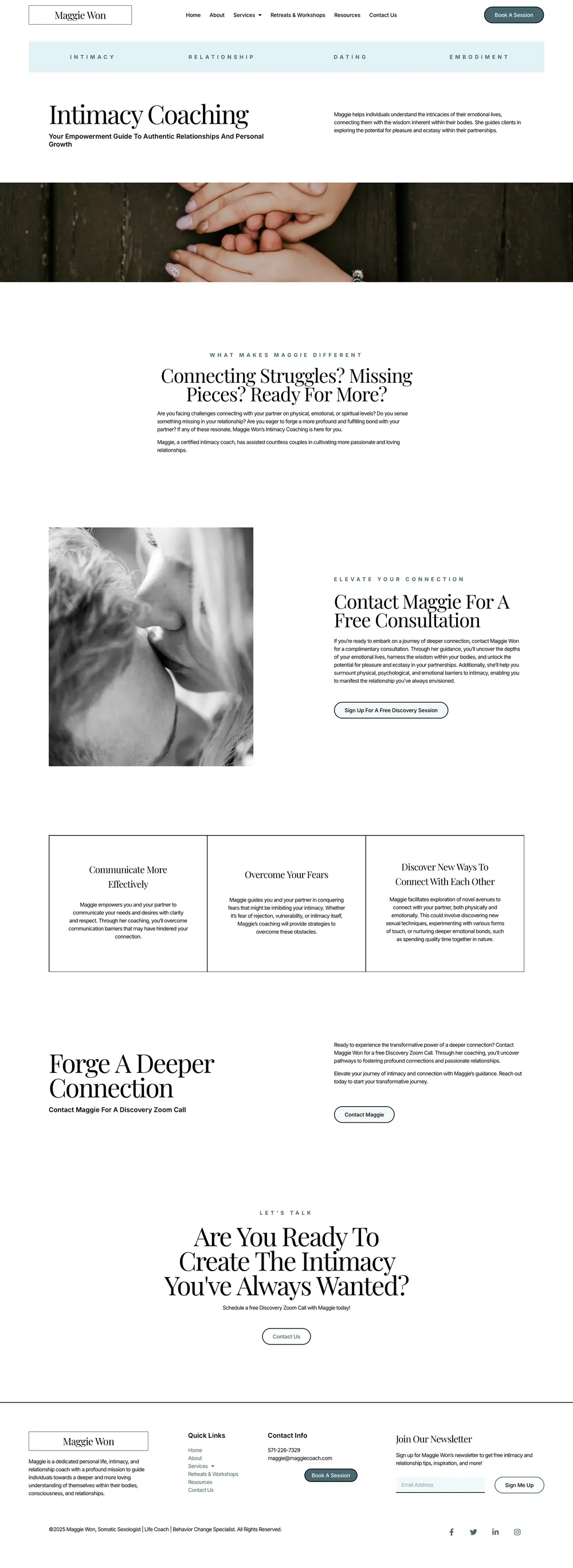 Warm, trust-first design for an intimate coaching practice. page