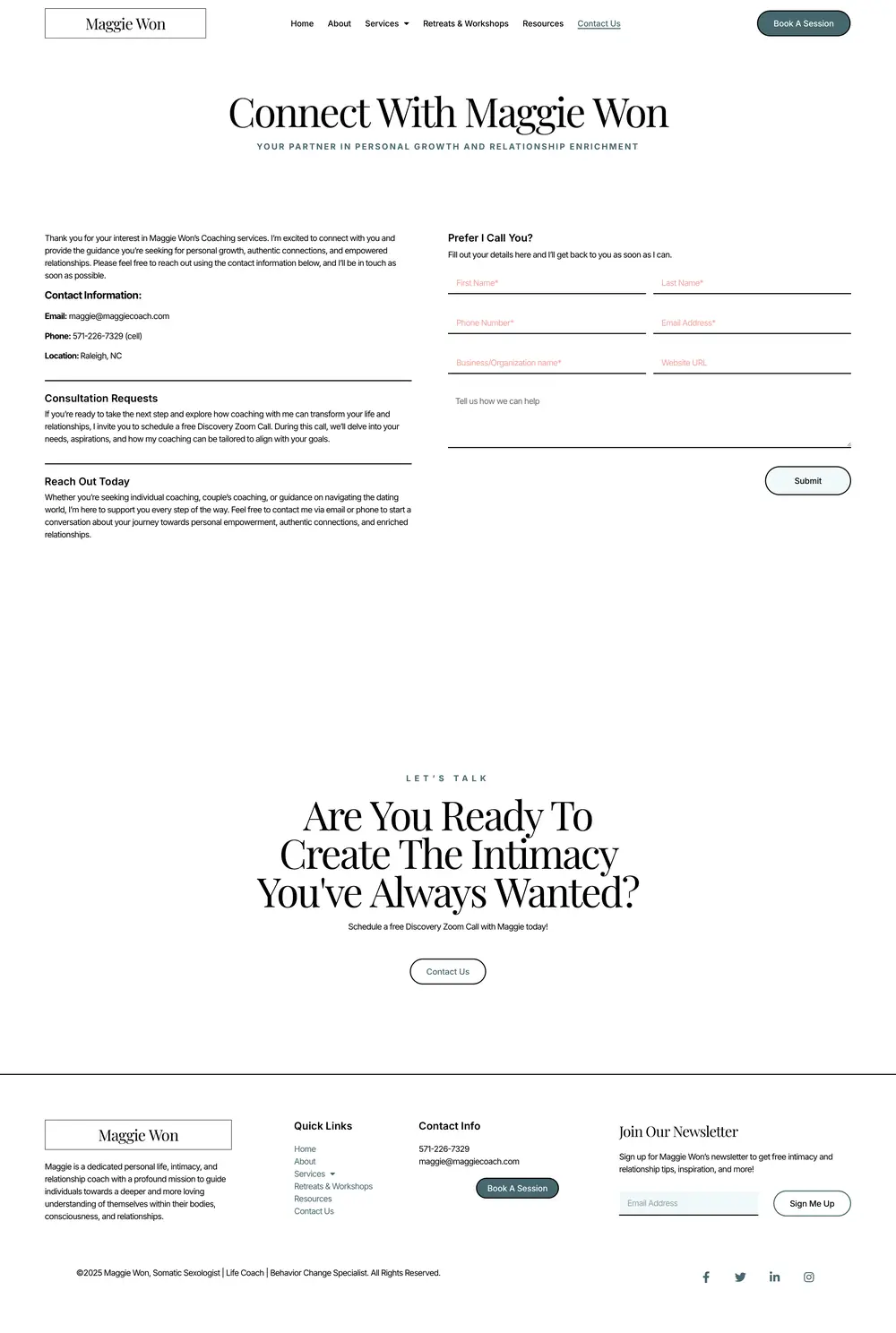 Warm, trust-first design for an intimate coaching practice. page