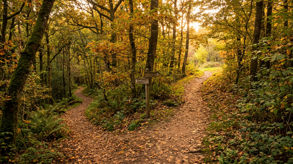 A fork in a wooded path representing the choice between paid ads and organic SEO for small businesses