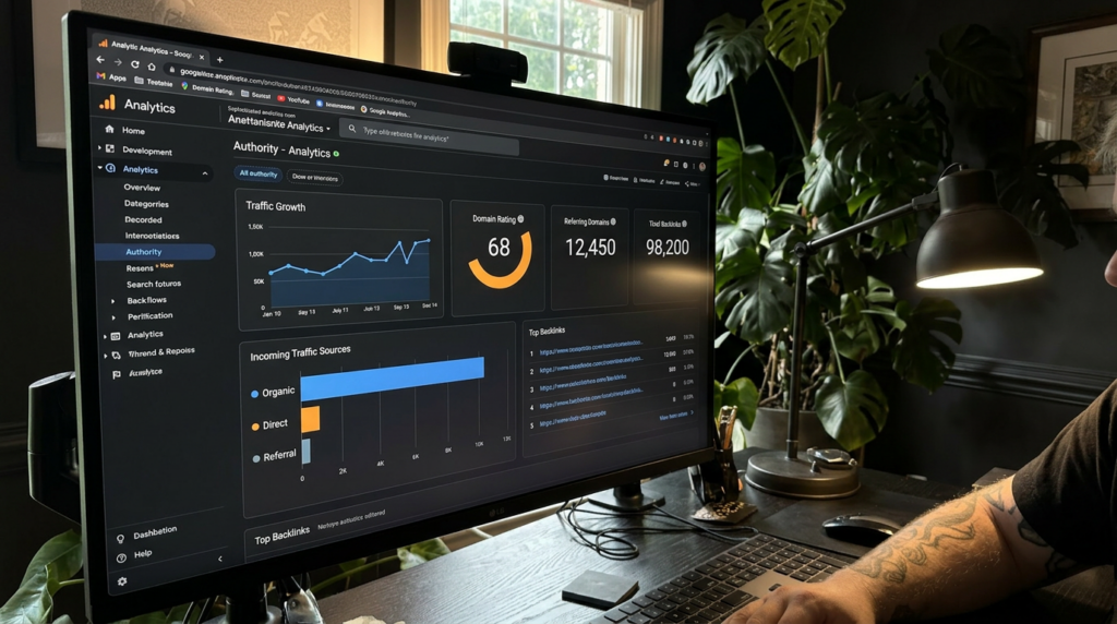 Browser with Analytics Dashboard - Computer screen showing Google Analytics or similar tool with incoming traffic/backlink data visible. Dashboard displays authority metrics (referring domains, backlinks, traffic growth). Dark theme to match Scout palette.
