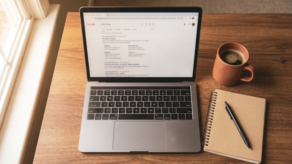 Laptop on a wooden desk showing search results, representing how Google evaluates website quality through E-E-A-T