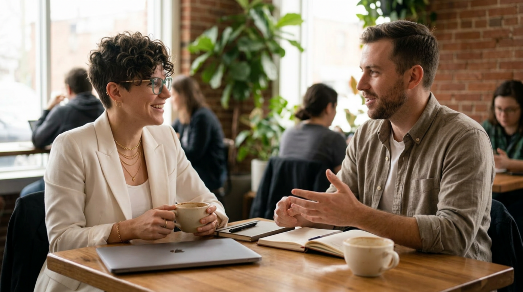 Two people having a relaxed conversation at a table, representing the process of choosing the right web designer for your business