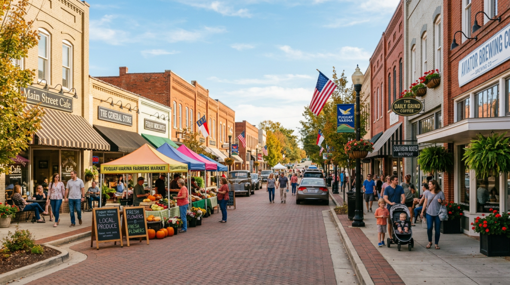 A charming small-town downtown street with local shops and warm light, representing the community spirit of Fuquay-Varina NC