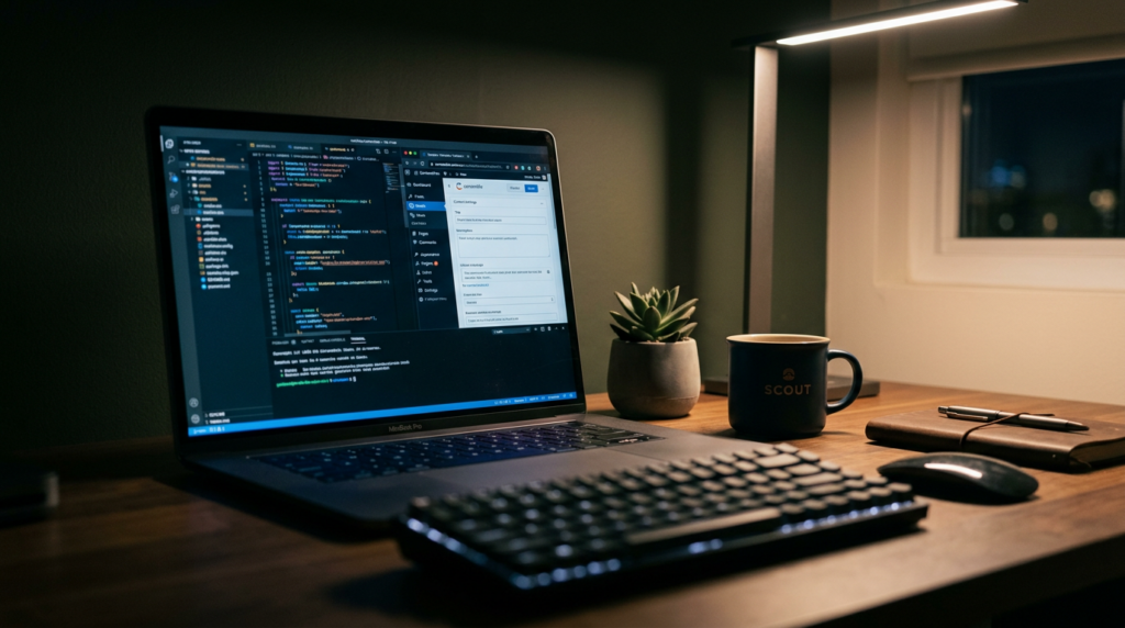 Developer's laptop showing a content management system dashboard, representing WordPress as the professional CMS choice for business websites