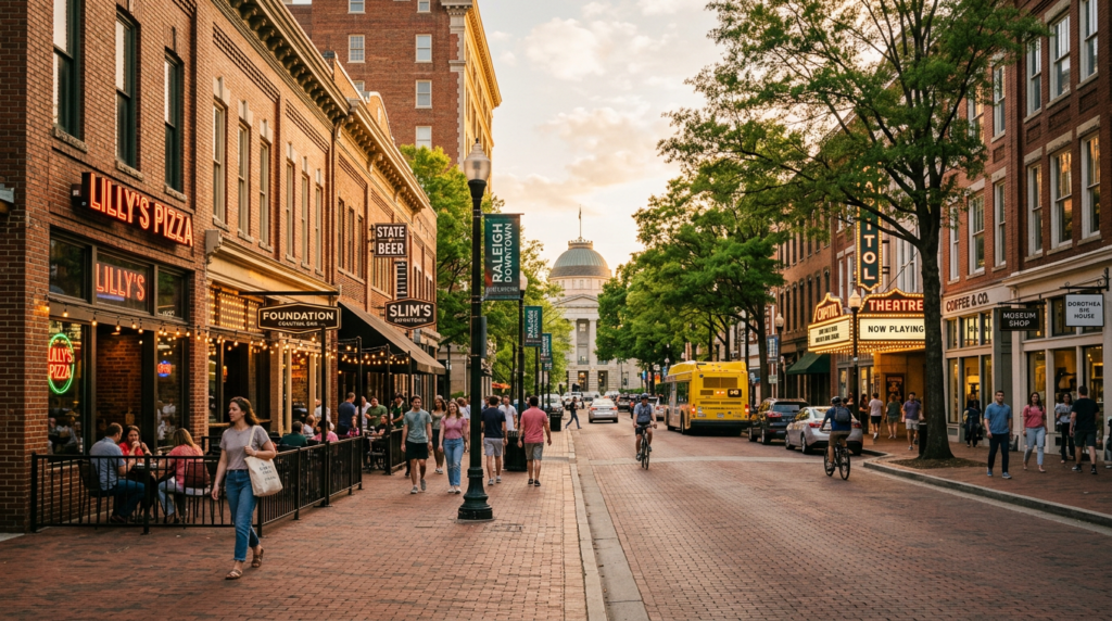 Downtown Raleigh street with local businesses, representing the importance of local SEO for Triangle area companies