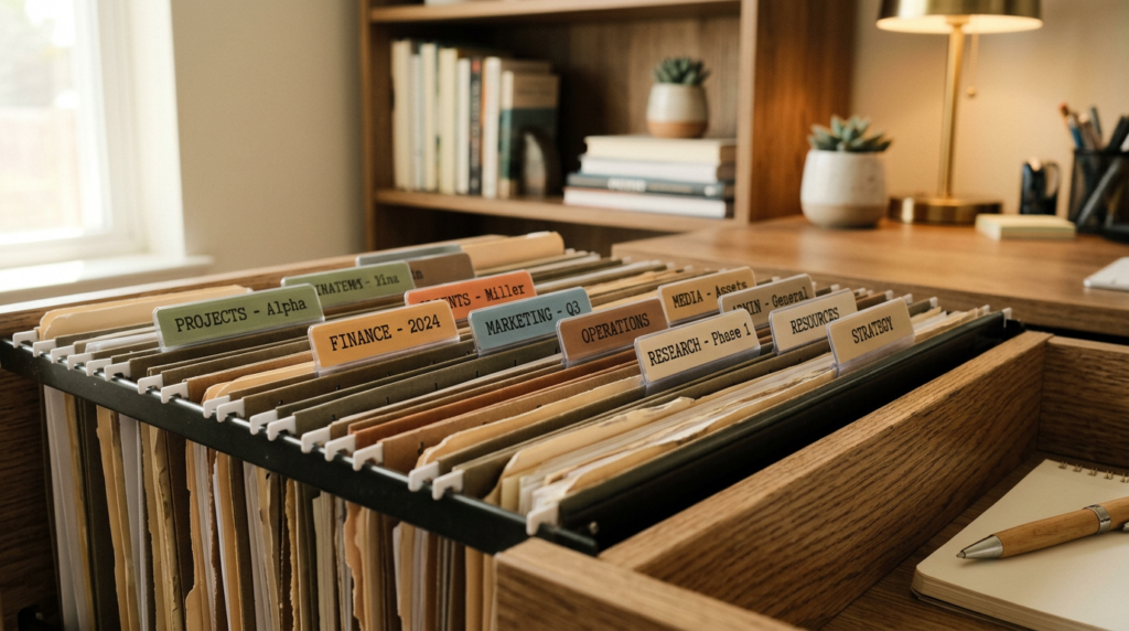 Organized file folders with color-coded tabs representing how schema markup structures website information for search engines