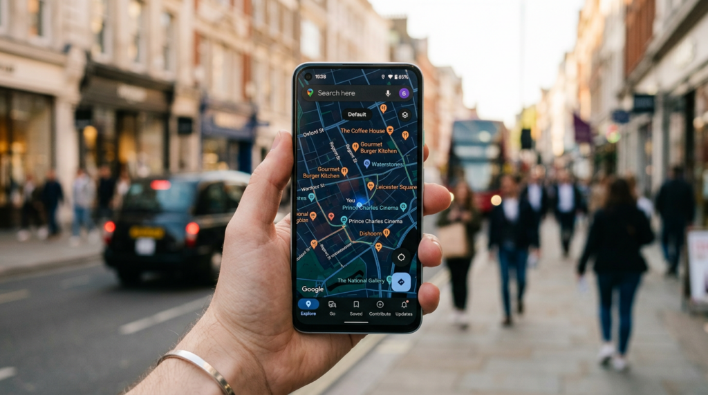 Phone screen showing Google Maps with local business pins, representing Google Business Profile setup for local search visibility