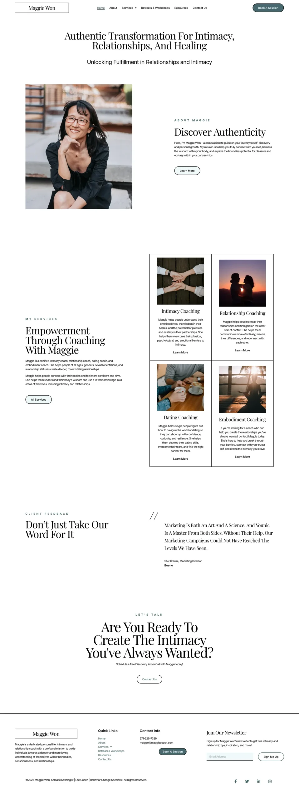 Full homepage of Warm, trust-first design for an intimate coaching practice.